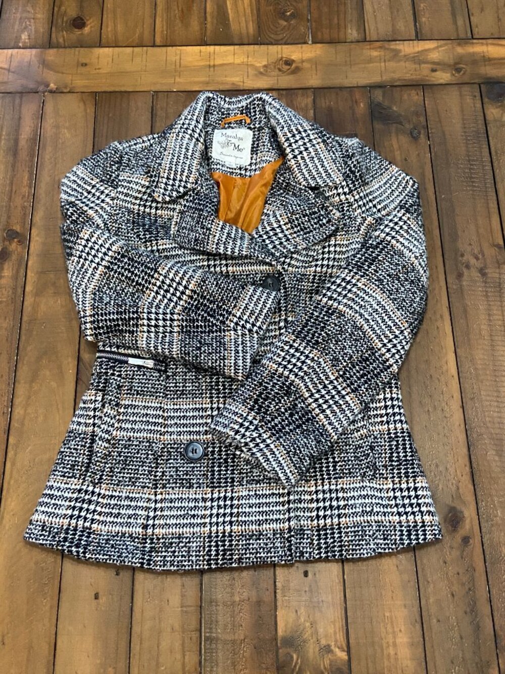 Maralyn & Me Black & White Plaid Double-Breasted Peacoat - Size Small
